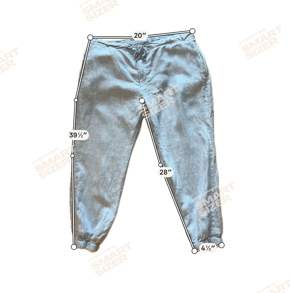 Mens Organic Linen Jogger Pants Size XL Light Blue Herringbone Drawstring Beach